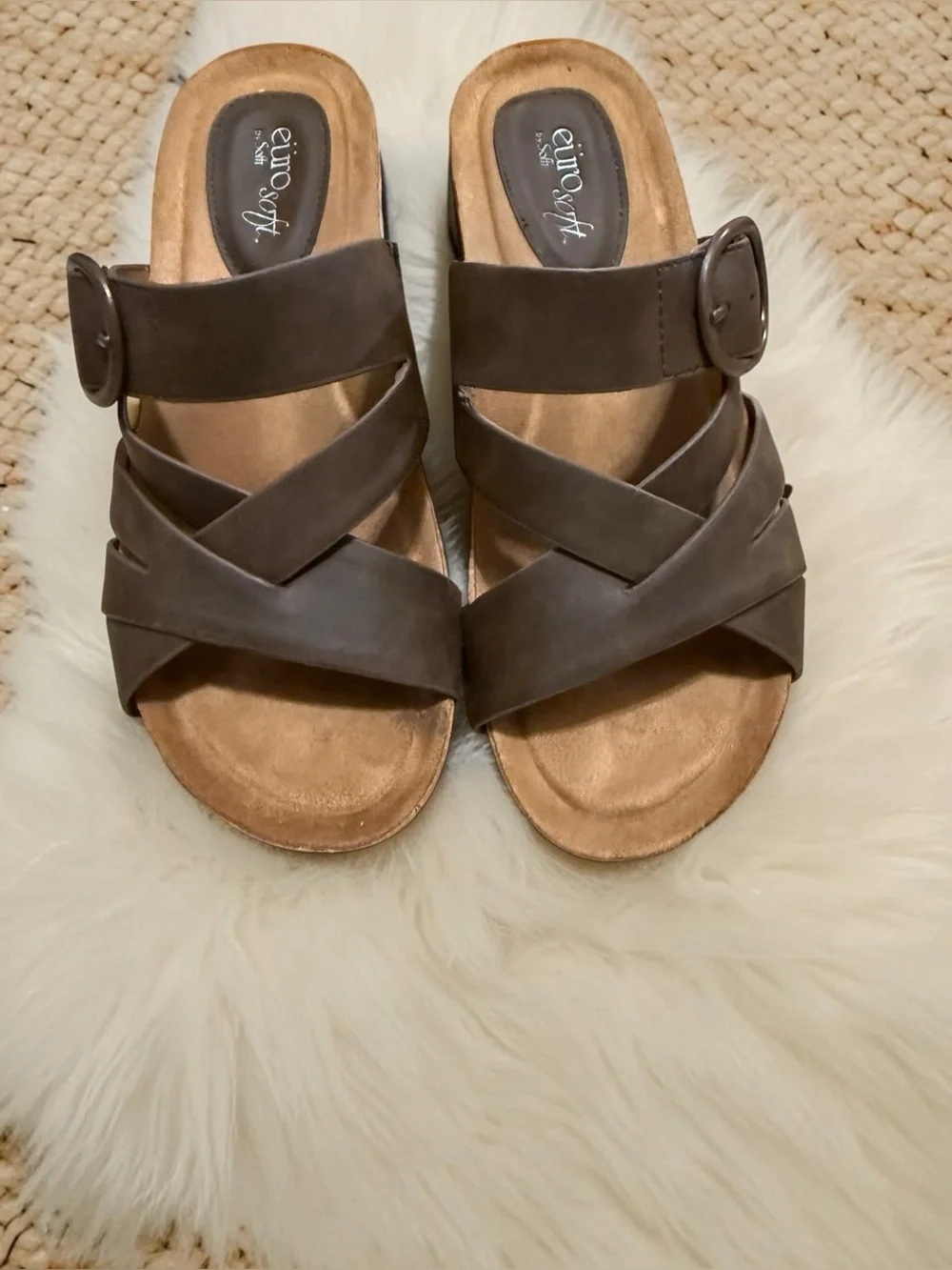 EuroSoft Brown Crisscross Slide Sandals - Picture 1 of 6